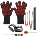 DangKe Set 10 τεμαχίων αξεσουάρ για ψησταριές - barbecue | 2 x Λαβίδeς, 2 x Γάντια , 1 x Πινέλο Επάλειψης, 2 x Πιρούνες με Δόντια, 1 Θερμόμετρο Ψησίματος και 2 Μεμβράνες Σιλικόνης